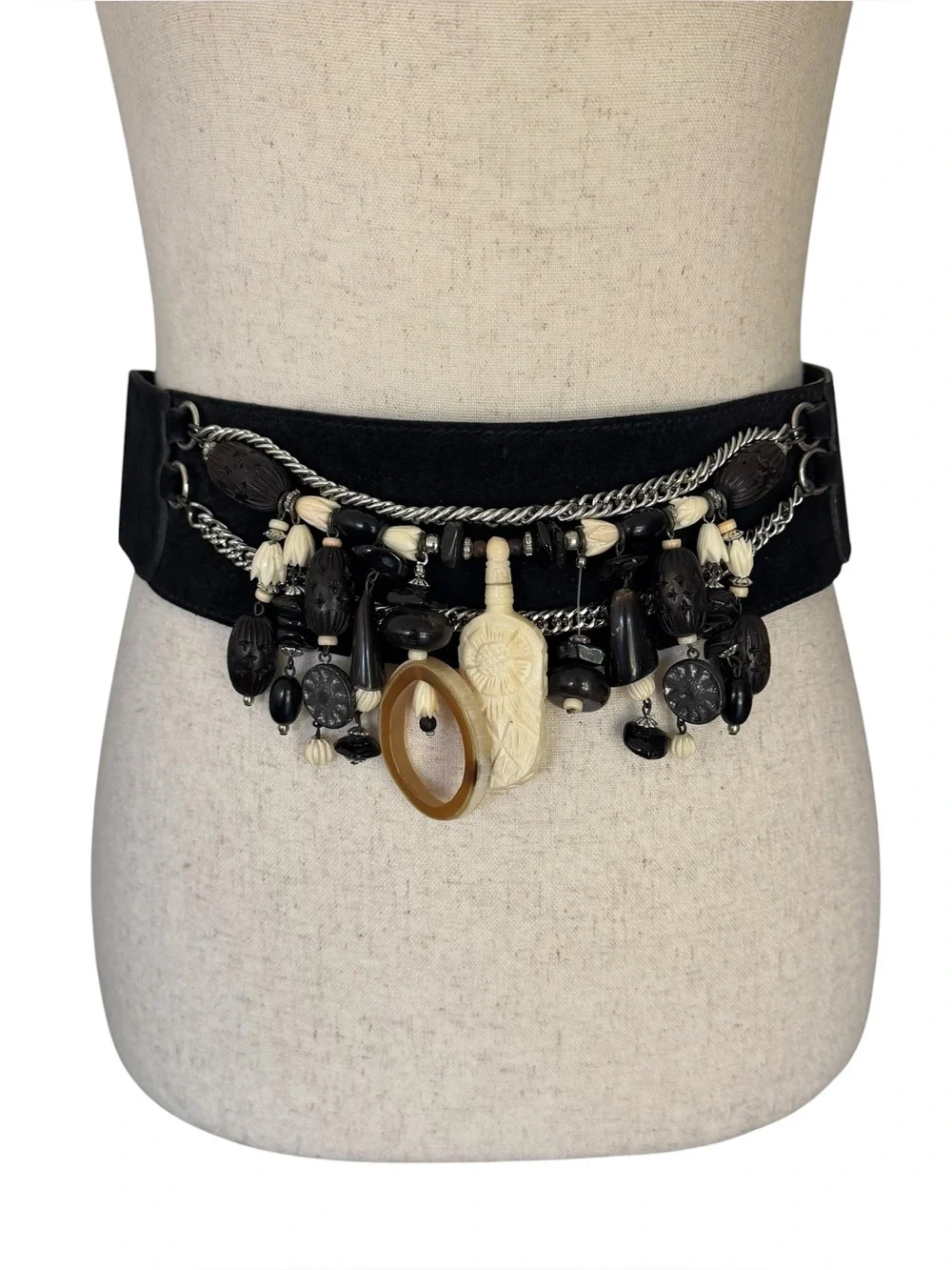 Vintage Adolf Black Suede Statement Waist Belt with Charms Boho Art Small